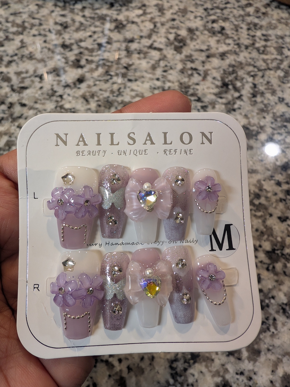 Source Unknown Lavender 3D Floral Rhinestone Press-On Nails